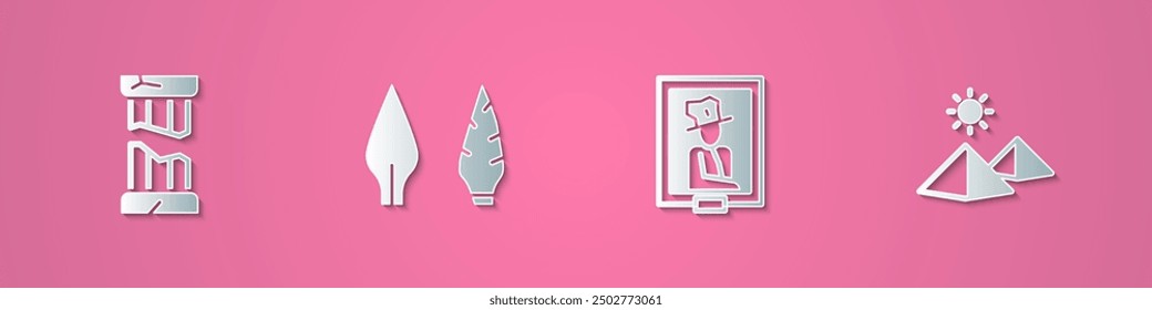 Set paper cut Broken ancient column, Stone age arrow head, Portrait in museum and Egypt pyramids icon. Paper art style. Vector