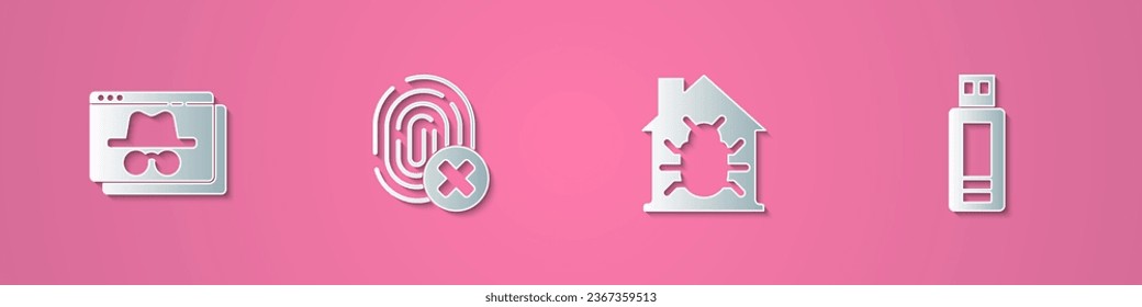 Establecer la ventana de incognito del navegador de corte de papel, huella digital cancelada, fallo del sistema de la casa e icono de la unidad flash USB. Estilo de arte de papel. Vector