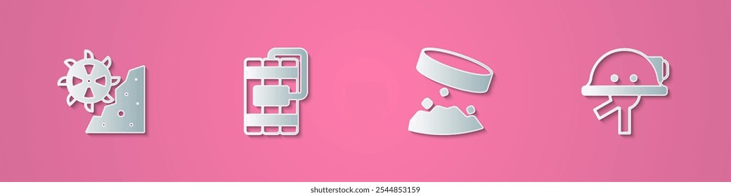 Excavadora de la rueda del cubo del corte de papel, dinamita, imán gigante que sostiene el polvo del hierro y el icono del casco de Miner. Estilo de arte de papel. Vector