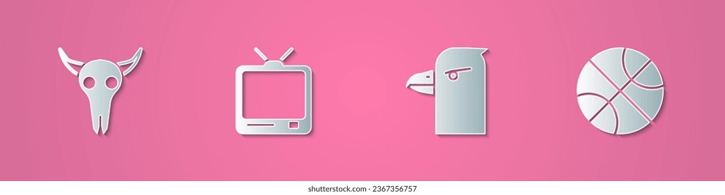 Set paper cut Buffalo skull, Retro tv, Eagle head and Basketball ball icon. Paper art style. Vector