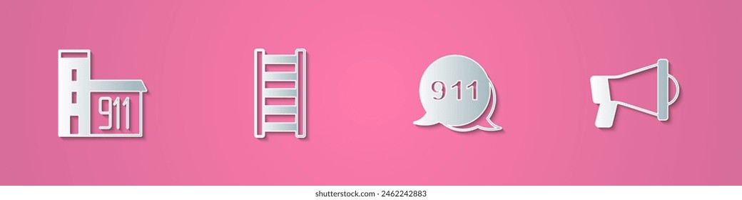Set paper cut Building of fire station, Fire escape, Emergency call 911 and Megaphone icon. Paper art style. Vector