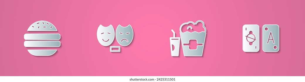 Set paper cut Burger, Comedy and tragedy masks, Popcorn in box glass and Tarot cards icon. Paper art style. Vector
