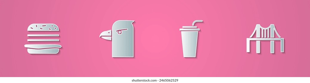 Set paper cut Burger, Eagle head, Paper glass with straw and Golden gate bridge icon. Paper art style. Vector