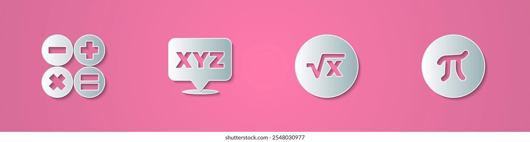 Set paper cut Calculator, XYZ Coordinate system, Square root of x glyph and Pi symbol icon. Paper art style. Vector