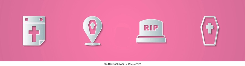 Set paper cut Calendar death, Coffin with cross, Tombstone RIP written and  icon. Paper art style. Vector