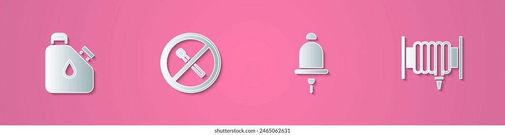 Set paper cut Canister fuel, No fire match, Ringing alarm bell and Fire hose reel icon. Paper art style. Vector