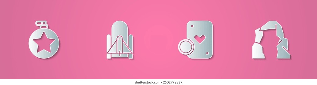 Set paper cut Canteen water bottle, Rocket launch from the spaceport, Casino chip and playing cards and Grand canyon icon. Paper art style. Vector
