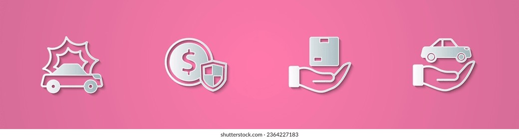 Establecer el corte de papel accidente de coche, dinero con escudo, seguro de entrega e icono. Estilo de arte de papel. Vector