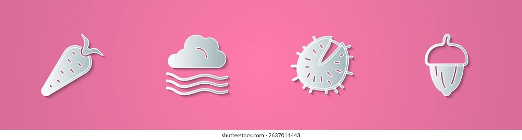 Set paper cut Carrot, Windy weather, Chestnut and Acorn icon. Paper art style. Vector
