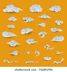 Set of paper cut cartoon clouds in traditional chinese style. Design elements for branding decoration, background, cover, poster. Vector illustration.