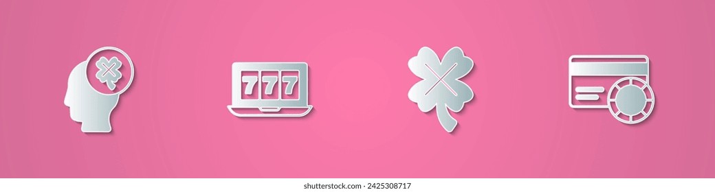 Set paper cut Casino slot machine with clover, Online jackpot,  and Credit card icon. Paper art style. Vector