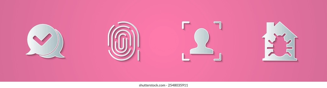 Set paper cut Check mark in speech bubble, Fingerprint, Face recognition and House system bug icon. Paper art style. Vector
