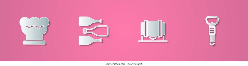 Se cortó papel sombrero de chef, botellas de vino, barril de madera para y icono de apertura. Estilo de arte de papel. Vector