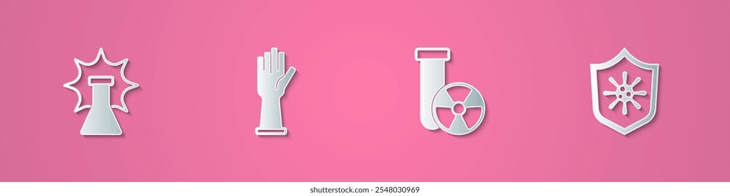 Set paper cut Chemical explosion, Medical rubber gloves, Test tube radiation and Shield protecting from virus icon. Paper art style. Vector