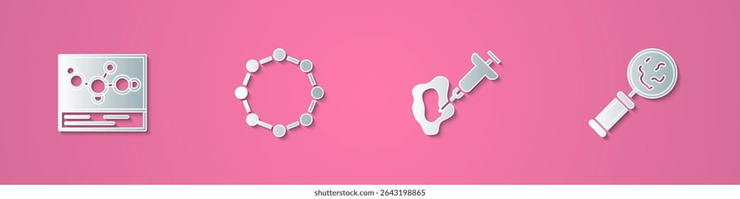 Set paper cut Chemical formula, , Syringe and Microorganisms under magnifier icon. Paper art style. Vector