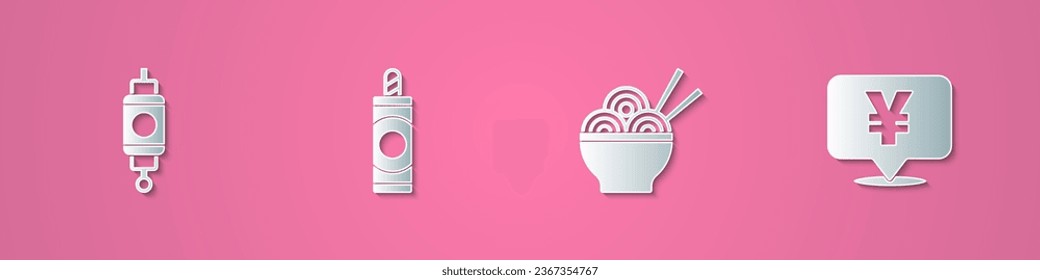 Set paper cut Chinese paper lantern, Firework, Asian noodles bowl and Yuan currency icon. Paper art style. Vector