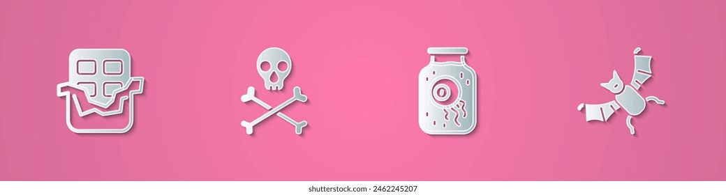 Set paper cut Chocolate bar, Skull on crossbones, Eye in jar and Flying bat icon. Paper art style. Vector