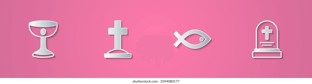 Set paper cut Christian chalice, Grave with cross, fish symbol and tombstone icon. Paper art style. Vector