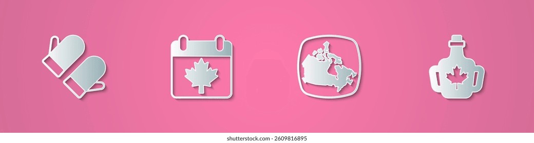 Set paper cut Christmas mitten, Canada day with maple leaf,  and Bottle of syrup icon. Paper art style. Vector