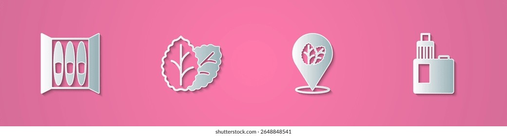 Set paper cut Cigar, Tobacco leaf,  and Vape mod device icon. Paper art style. Vector