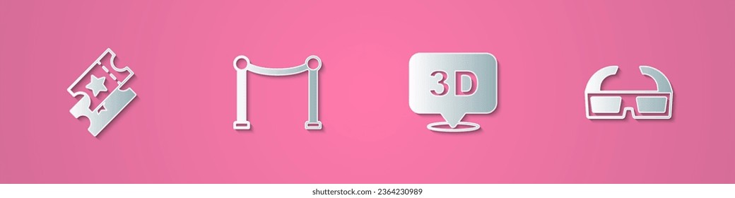 Set paper cut Cinema ticket, Rope barrier, 3D word and cinema glasses icon. Paper art style. Vector