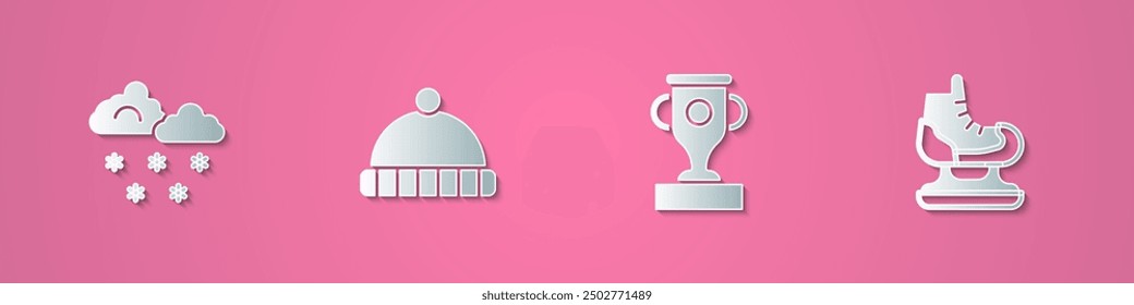 Set paper cut Cloud with snow, Winter hat, Award cup and Skates icon. Paper art style. Vector