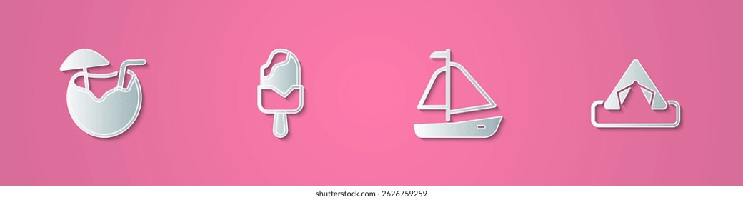 Definir o coquetel de coco de corte de papel, sorvete, veleiro de iate e ícone de tenda turística. Estilo da arte do papel. Vetor