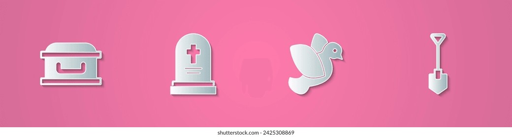 Set paper cut Coffin with cross, Grave tombstone, Dove and Shovel icon. Paper art style. Vector
