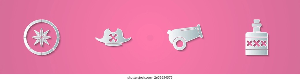 Set paper cut Compass, Pirate hat, Cannon and Alcohol drink Rum icon. Paper art style. Vector