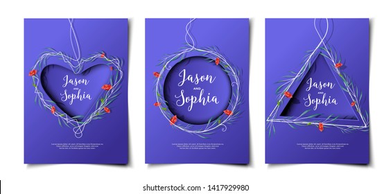 Set of paper cut cover template layout with greenery foliage wreath and poppy flower