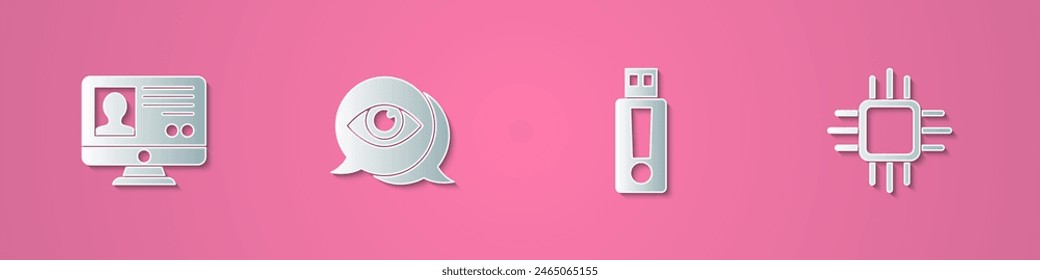 Pantalla de Cuenta de Create de corte de papel, escaneo ocular, unidad flash USB y procesador con microcircuitos Icono de CPU. Estilo de arte de papel. Vector