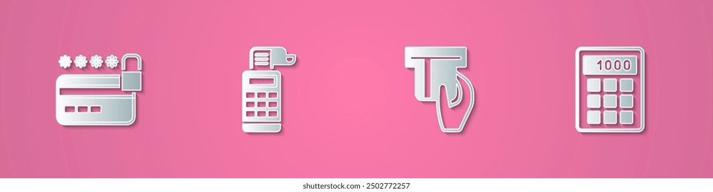 Set paper cut Credit card with lock, Cash register machine, inserted and Calculator icon. Paper art style. Vector