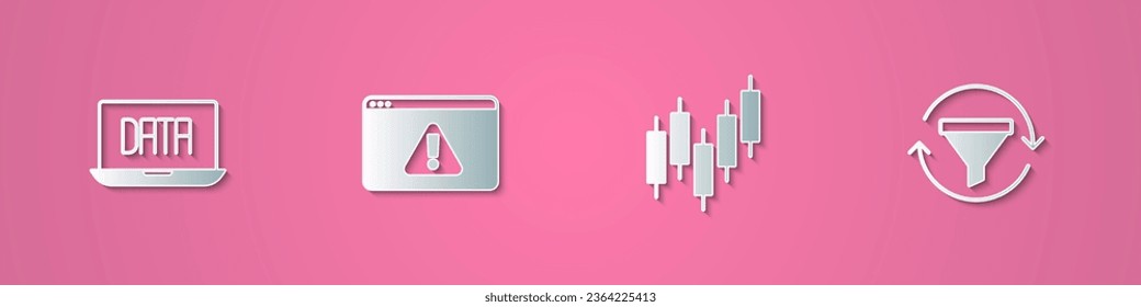 Set paper cut Data analysis, Browser with exclamation mark, stocks market and Sales funnel chart icon. Paper art style. Vector