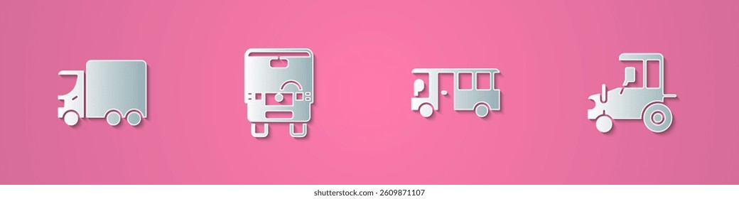 Set paper cut Delivery cargo truck, Bus,  and Tractor icon. Paper art style. Vector