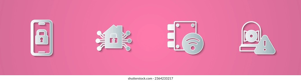 Legen Sie Papier schneiden Digital Türschloss, Smart Home und Ringing Alarm Glocke Symbol. Kunststil aus Papier. Vektorgrafik