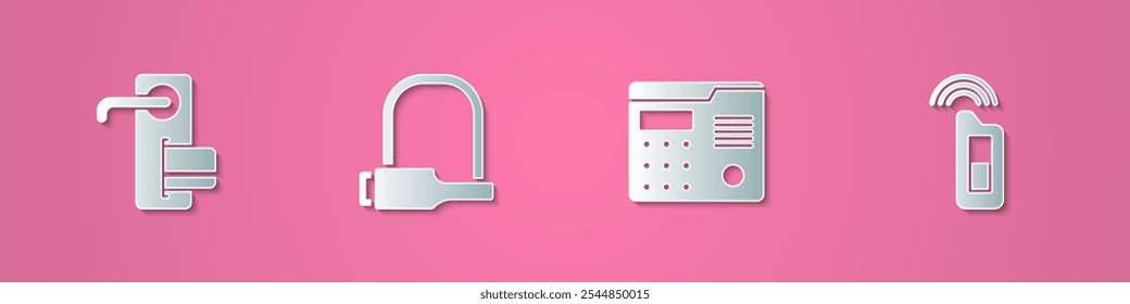 Cerradura de puerta digital de corte de papel, bicicleta, sistema de intercomunicación de la casa y llave del coche con icono remoto. Estilo de arte de papel. Vector