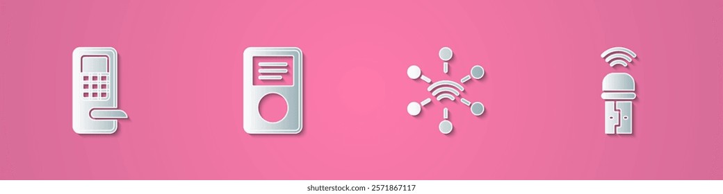 Set paper cut Digital door lock, Music player, Network and Usb wireless adapter icon. Paper art style. Vector