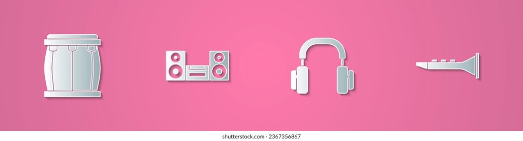 Set paper cut Drum, Home stereo, Headphones and Clarinet icon. Paper art style. Vector