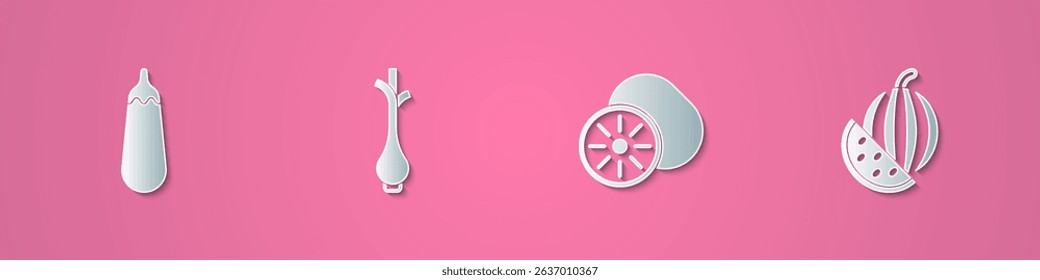 Set paper cut Eggplant, Fresh green onions, Kiwi fruit and Watermelon icon. Paper art style. Vector