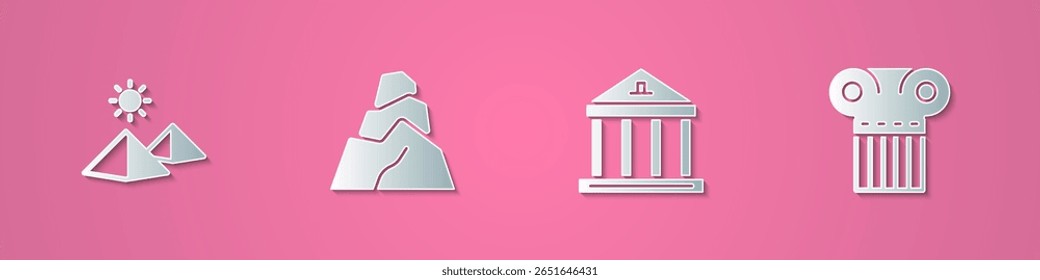 Set paper cut Egypt pyramids, Rock stones, Museum building and Ancient column icon. Paper art style. Vector