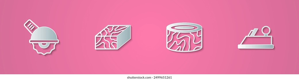 Set paper cut Electric circular saw, Wooden beam, Tree stump and plane tool icon. Paper art style. Vector