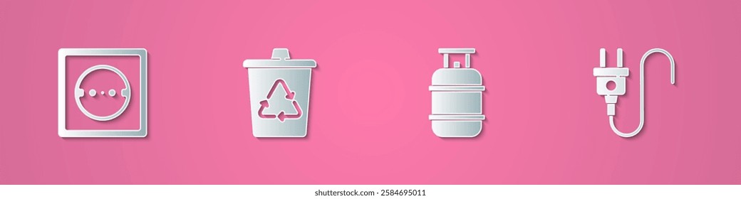 Set paper cut Electrical outlet, Recycle bin with recycle, Propane gas tank and plug icon. Paper art style. Vector