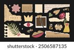 Set of paper cut elements, torn newspaper, collage plants, scrap notebook sheet, retro gazette, torn wrinkled sticker, stamp butterfly, quotes, crown. Trendy collage vector set, retro grunge stickers.
