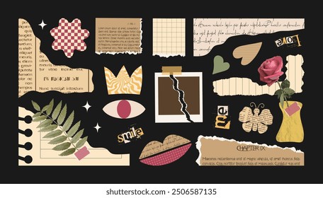 Set of paper cut elements, torn newspaper, collage plants, scrap notebook sheet, retro gazette, torn wrinkled sticker, stamp butterfly, quotes, crown. Trendy collage vector set, retro grunge stickers.