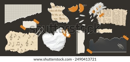 Set of paper cut elements, torn newspaper, daisy, notepad sheet, retro newspaper, butterfly, music notes quotes, Trendy vector collage set, retro grunge stickers.