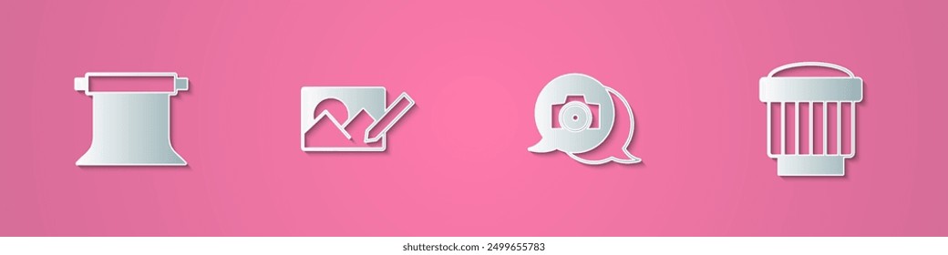 Set paper cut Empty photo studio, Photo retouching, camera and Camera lens icon. Paper art style. Vector