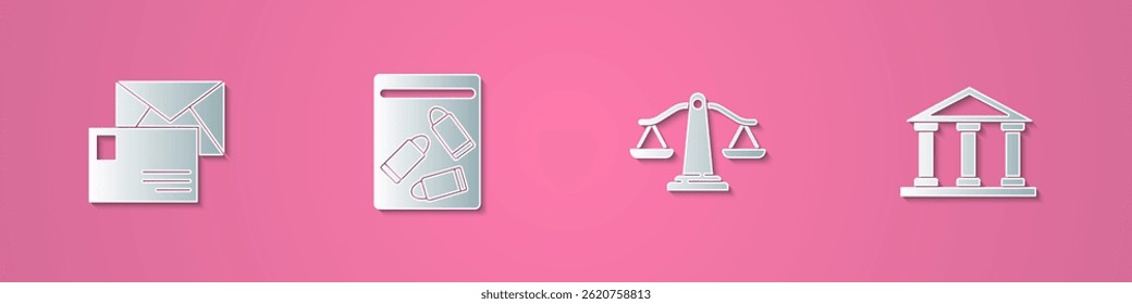 Set paper cut Envelope, Evidence bag and bullet, Scales of justice and Courthouse building icon. Paper art style. Vector