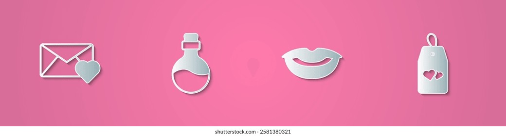 Set paper cut Envelope with Valentine heart, Bottle love potion, Smiling lips and Please do not disturb icon. Paper art style. Vector