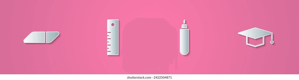 Set paper cut Eraser or rubber, Ruler, Marker pen and Graduation cap icon. Paper art style. Vector