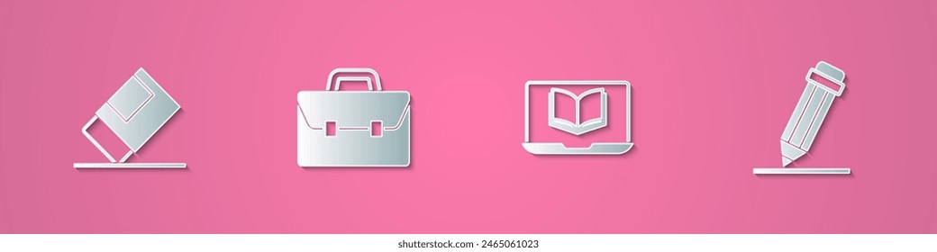 Set paper cut Eraser or rubber, Briefcase, Online class and Pencil with eraser icon. Paper art style. Vector